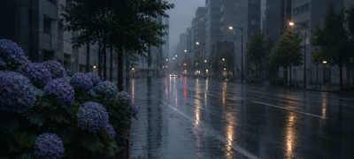 梅雨の時期の街中