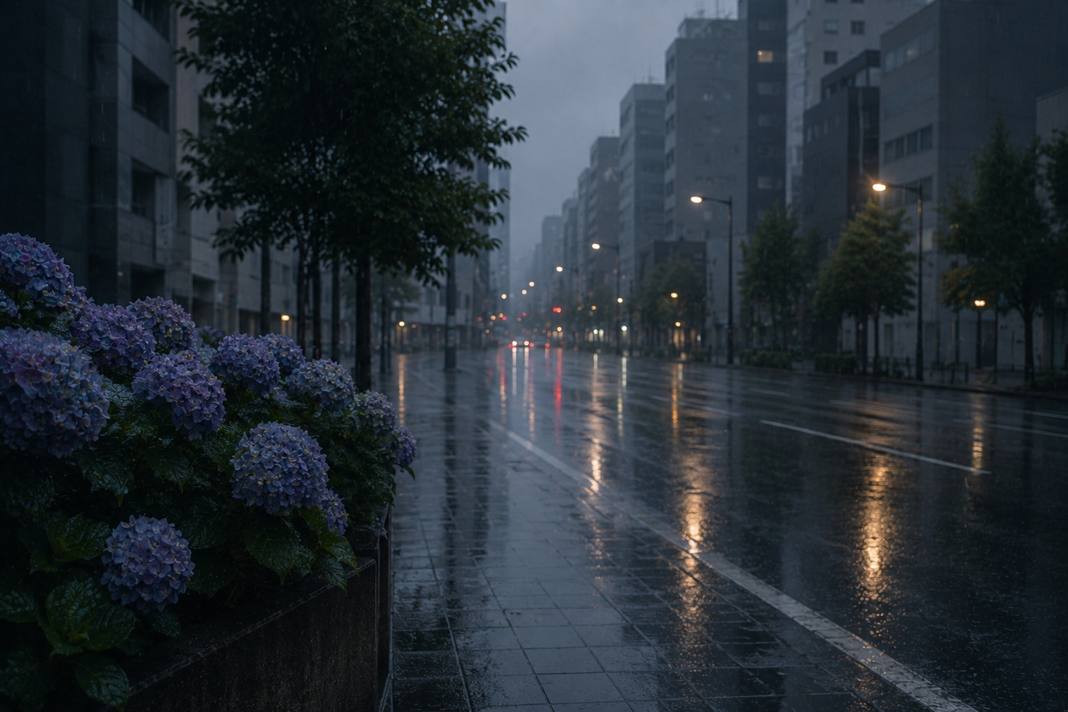 梅雨の時期の街中